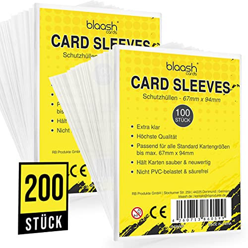 blaash® Card Sleeves | 200 Premium - Hüllen | Transparente Kartenhüllen für alle gängigen Spiel- und Sammelkarten wie YuGiOh, MTG, Match Attax| Standard Penny Soft Sleeves | 67 x 94mm
