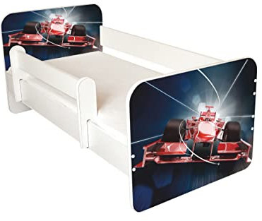 AS-TOR Kinderbett Jugendbett Igor 70x140cm mit Matratze und Abnehmbarem Geländer - Bett Schlafzimmer Kindermöbel Kinderbetten für Mädchen Junge, Massivholz, Solide Sicher, Rotes Auto