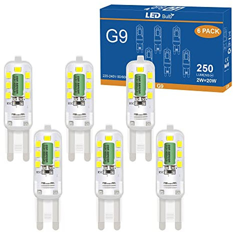 DSLebeen G9 LED Glühbirne Kaltweiß 6000K 2W Entspricht 20-25W Halogenlampen G9 250LM Glühbirne 230V 360° Abstrahlwinkel Kein Flackern Nicht Dimmbar(6 Stück)