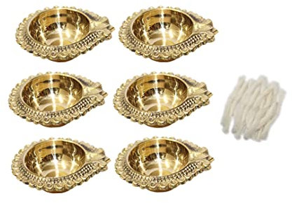 Universal Hub® Messing-Öllampe Indain, dekorative Puja-Lampe, Pooja Diya, Ghee-Lampe, Puja Diya, gratis, 50 Baumwolldochte,Dekoration, Tischlampe, traditionelle Öllampe, Havan Samagri, Hindu-Geschenke