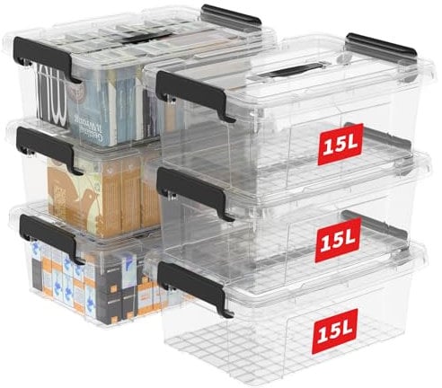 Cetomo 15L*6 Aufbewahrungsboxen, Tragbare Plastikboxen mit Deckeln, Organizer-Behälter mit Griff und Clips, Stapelbar, Ineinander Nestbar, für Zuhause und Büro, Transparent, 15L-6er Pack