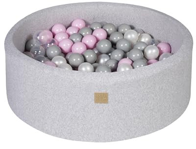 MEOWBABY Soft Foam Rundes 90 x 30 cm Bällebad mit 200 Stück Bällen für Babys & Kleinkinder - Baby Essentials, Schaumstoff Bällebäder für Kinder, Samt, Hellgrau: Pastellrosa/Transparent/Perlweiß/Grau