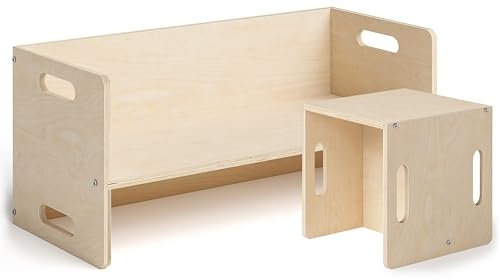 Bellabino Kindersitzgarnitur AKI aus Holz, Montessori Wendebank und Wendestuhl, multifunktionales Möbelset für Kleinkinder Birke Natur 180 Grad drehbar