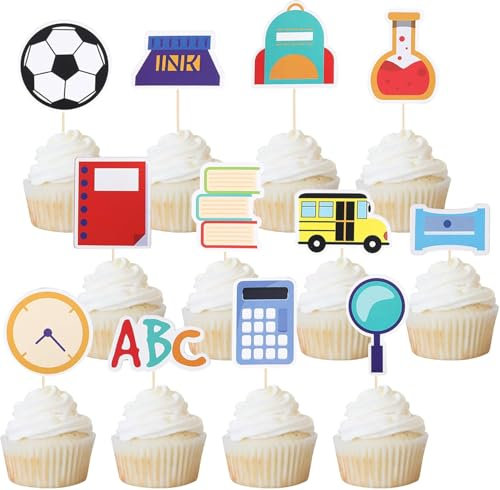 36 Stück Back to School Cupcake Toppers 12 Designs Erster Schultag Tortendeko Alphabet Wecker Schule Tasche Kuchen Deko für Willkommen zurück zu Schule Thema Party Cupcake Dekorationen