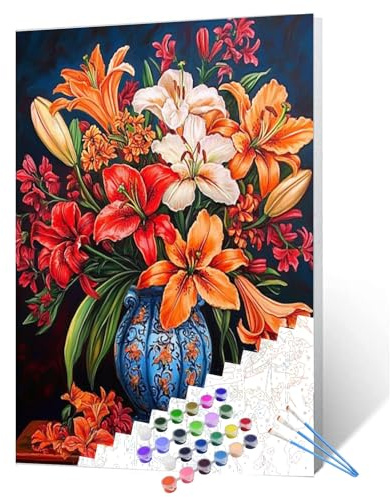 Lily Flowers DIY Paint by Numbers for Adults Colorful Blooming Flowers in Vase DIY Oil Painting Acrylic Paint Art Painting Kits Canvas with Acrylic Paint Floral Art 16x20 Inch （without Frame ）