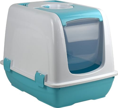 Cat Litter Box Closed Toilet With Clear Door Flap (Cyan)