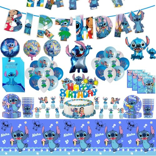 Stitch Geburtstagsdeko Set,Stitch Gebutstag Partygeschirr,104pcs Stitch Party Deko,Stitch Party Luftballon,Kindergeburtstag Partygeschirr Set