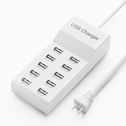 HEITUDI USB Charging Station 50w10A 10-Port Charger, Multiport Charger Hub, Compatible with iPhone, Galaxy, iPad Tablet, and Other Devices (White
