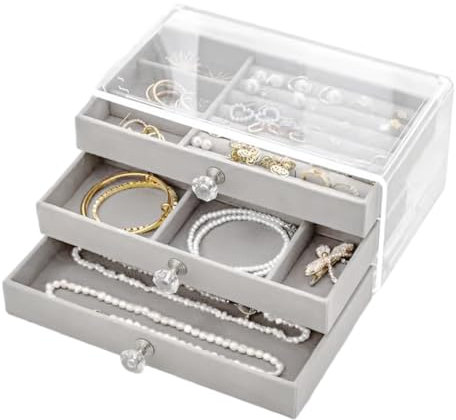 Uvilpa Jewellery Box, Jewelry Storage Case, Jewellery Box for Women, 3 Layers Velvet Jewellery Organiser, Transparent frame, for Jewellery Box Organiser for Necklace Earrings Bracelets Rings, Grey