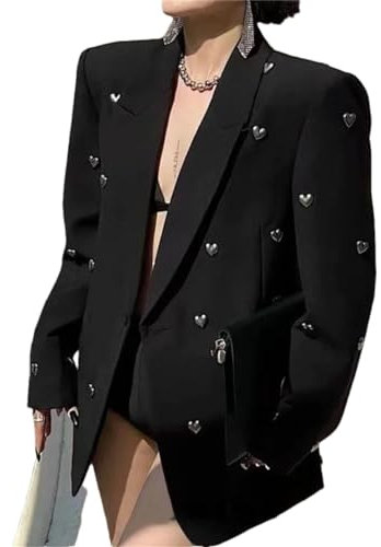 Damen Herbst Winter Knöpfe Herzförmige Nieten Schulterpolster Casual Lose Blazer, Schwarz , 40