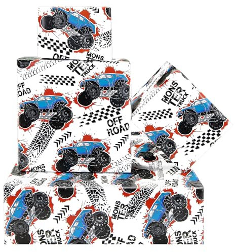 Blue Dune Geschenkpapier für Buggy, Geländewagen, Rennwagen, Monster-Truck, Springabenteuer, Erwartet Geschenkpapier, 4 Bögen 50 x 70 cm pro Blatt Geschenkpapier für Kkleine Jungen und Mädchen