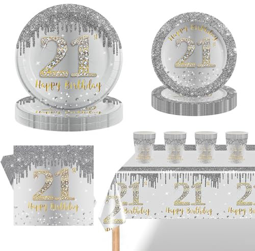 69Pcs Silver 21st Birthday Party Tableware 16 Guests,21st SilverParty Tableware Set,Silver and Gold Paper Plates,Napkins,White and Gold Table Cloth,Cups for Men Women Birthday Gifts Party Supplies