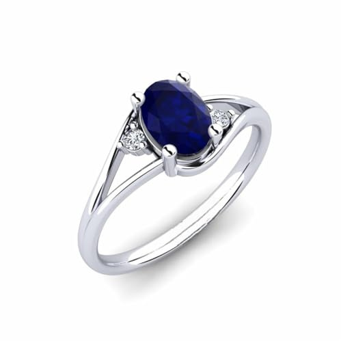 Sterling Silber 925 Blauer Saphir Oval 7x5mm Drei Stein Ring mit Rhodinierung | Wunderschöner Design Ring mit drei Steinen für Damen und Mädchen
