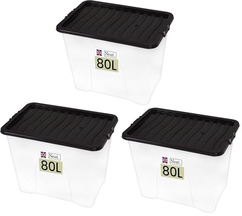 Neat. Plastics 80L Storage Box, Clear Base, Black Lid - Organise Easily with Plastic Storage Box with Lid, Ideal Clear Boxes for Storage, Durable Plastic Boxes with Lids Storage, Pack of 3