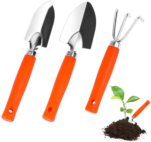 Lot de 3 mini outils de jardinage outillage - Avec poignée en bois - Mini pelle à main - Râteau - Kit de jardinage - Petite pelle - Kit de jardinage pour bonsaï