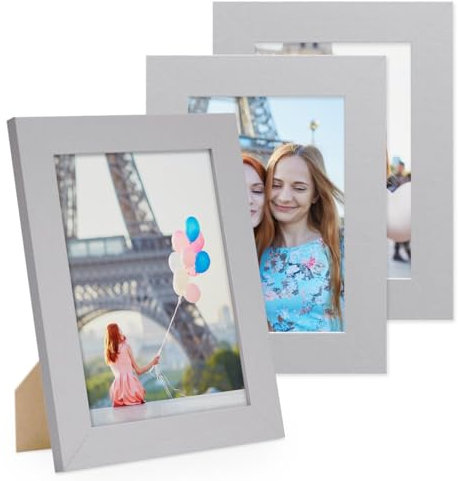 PHOTOLINI Bilderrahmen 10x15 cm Silber MDF-Holz, breite Rahmen, 3er Set, modern, bruchsicheres Acrylglas, zum Aufhängen & Aufstellen, extra Zubehör - für Ihre stilvolle Wanddekoration