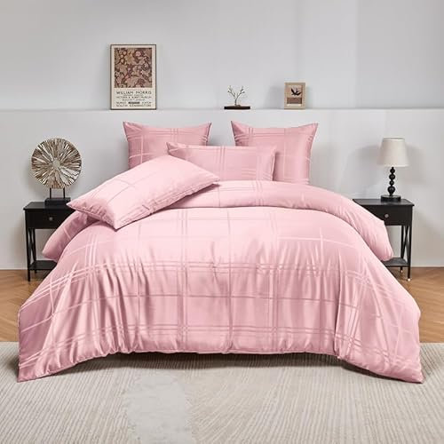DXHOME Bettwäsche 135x200cm 4teilig Rosa Altrosa Satin Glatt Glänzend Geometrische Bettwaesche Microfaser Kühlende Sommerbettwäsche Bettbezüge mit Reißverschluss und 2 Kissenbezügen 80×80 cm