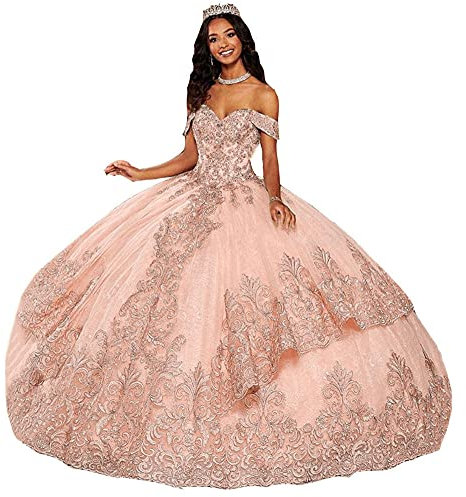 OLLWBYDM Vestido Femenino Sweetheart Lace Apple Quinceanera Dulce Vestido de 16 Bolas sobre Hombros, Sonrojarse, 32