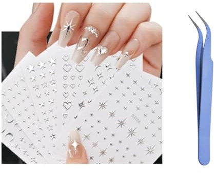 Nail Art Sticker Selbstklebend Nagelaufkleber Silber Kreuz Stern Herz Mond Nageldesign Nail Art Aufkleber für Nägel Zubehör,6 Blatt Nagelsticker mit Pinzette (6 Blatt nagelsticker silber)