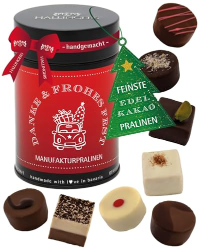 Hallingers Genuss Manufaktur Pralinen Weihnachts-Geschenk - ohne Alkohol, handmade aus Confiserie-Edelkakao in wertiger Geschenkdose Danke & Frohes ..., Weihnachten für Frauen Männer