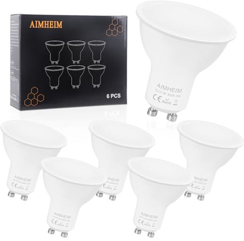 AIMHEIM Lampadine Led Gu10 Dimmerabile, 5W Faretto GU10 Equivalente a 50W, Luce Bianca Calda 3000K, Basso Consumo, Angolo del Fascio di 120 Gradi, 6 Pezzi