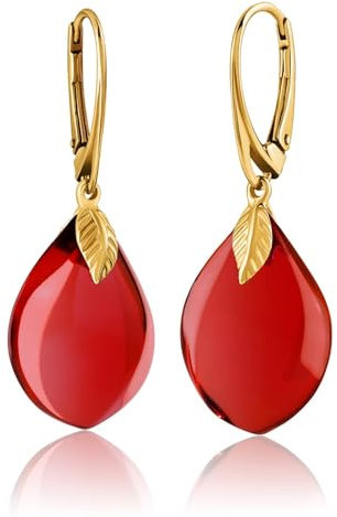 Amber by Mazukna - Bernstein Ohrringe Rot - Eleganter Bernstein-Schmuck Hängend mit goldenem Fitting für Damen, Tropfenförmige Amber-Ohrringe, Damenschmuck, 43x15mm 5,5g