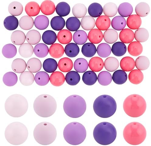 SOFPLATE 60Pcs 1 Box Silicone Beads 15mm Purple Silicone Beads Bulk Large Soft Rubber Candy Color Focal Bubblegum Loose Chunky Bead for DIY jewellery Making Beadable Pens Beading Friendship Crafting