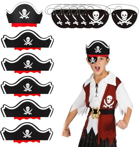 Dawumin 12 Stücke Piraten Deko Set, 6 Piratenhut Kinder und 6 Augenklappe Pirat Filz, Kindergeburtstag Piraten Spielzeug, Piratenschatz Kindergeburtstag, für Geburstag, Piratenparty, Halloween