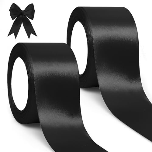 GXFCING Satinband Schwarz 50mm, 46 Meters Geschenkband Breit Schleifenband, Schwarz Stoffband Deko Band für Geschenkverpackung, Taufe, Geburtstag, Hochzeit, Weihnachten