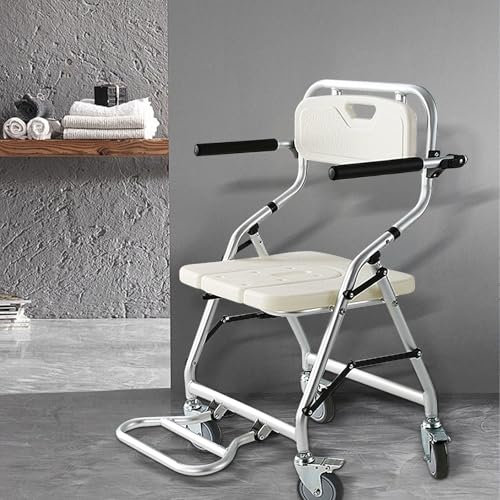 YAOYAOO Tabouret de Douche sur Roulette, Fauteuil Roulant de Douche pour Handicapé, Chaise de Douche pour Personnes Âgées, Siège de Douche Pliable, Capacité Portante 120kg