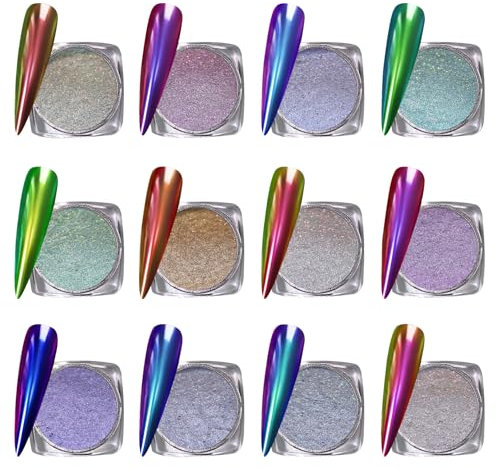 RoseFlower Chrome Nail Powder, 12 Colors Mirror Effect Holographic Aurora Chameleon Metallic Nail Glitter Powder, Nail Art Glitter at Home, DIY Manicure