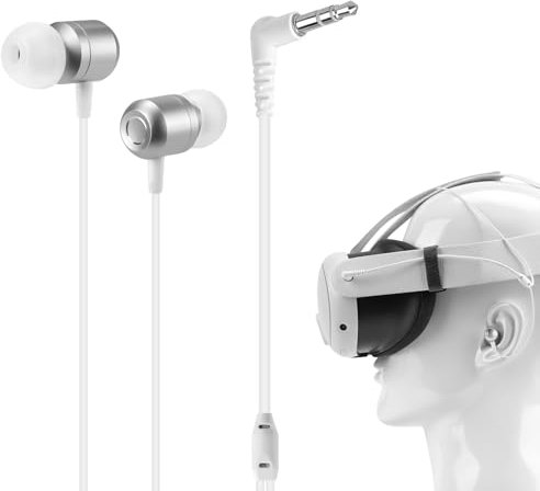GEEKRIA VR Headset Audio Cable Compatible with Meta Quest 3, Short Earbuds with S/M/L Size Ear Tips, 3.5 mm Aux 360 Degree Sound Earphone (Silver)