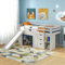 COSTWAY 3FT Bunk Bed for Kids, Solid Pine Wood Loft Bed Frame with Slide, Ladder, Safety Guardrails, 3 Drawers & Open Compartments, Children's Single Bed Frame for Boys Girls (Beige + Blue)