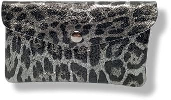 Porte-Monnaie Femme en Cuir Véritable Irisé, 15 cm x 8 cm, 3 Compartiments avec Fermeture Zippée, Protecteur RFID, Fabrication Italienne L (Gris/Leopard)
