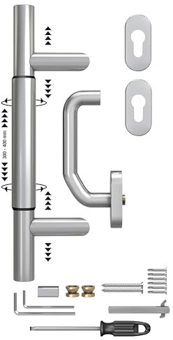 BASI | Stoßgriff variabel 300-400 mm Komplett-SET | Zur Renovierung/Modernisierung von Haustüren | Ohne Bohren | Edelstahl | Für Altbau und Neubau | inkl. Montagezubehör
