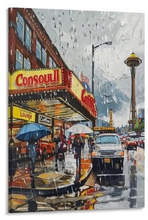 DEBAOKA Comic Market Wandkunst für Wohnzimmer, abstrakt, regnerischer Tag, Straße, Fußgängerfahrzeug, Gemälde auf Leinwand, Wandkunstdruck, Poster für Zuhause, Wanddekoration, gerahmtes Kunstwerk, 50