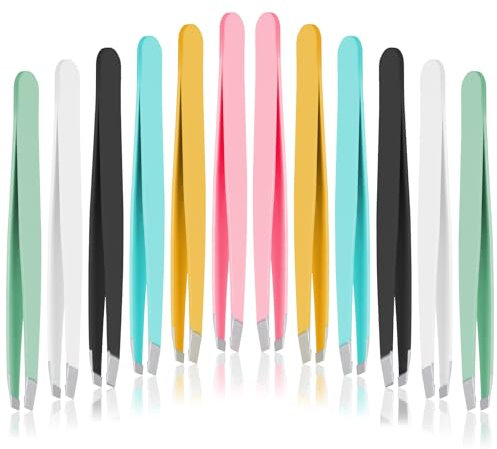 Lot de 12 pinces à épiler pro en acier inoxydable - Pince droite oblique - Pour cils - Homme et femme - Épilation visage - Multicolore