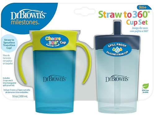 Dr. Brown's Milestones Straw to 360° Cup Set, Convertible Toddler Training Cup Set with Interchangeable Silicone Straw and 360 Degree Cup Lids, Blue Green, 10 oz/300 mL, BPA Free, 9m+, 2 Pack