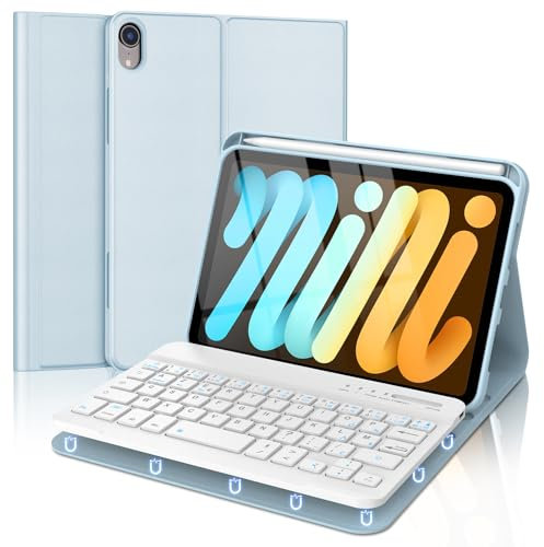 Coque Clavier pour iPad Mini 7 (A17 Pro) 2024 / Mini 6 2021, AZERTY Français Amovible Clavier Bluetooth sans Fil pour iPad Mini 7/6 8.3'', Bleu