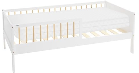 ML-Design Kinderbett 80x160 cm Weiß-Natur mit Matratze, Einzelbett für Kinder mit Lattenrost & Rausfallschutz, Jugendbett aus Kiefernholz, Holzbett Bettgestell für Jungen/Mädchen, Massivholz Babybett