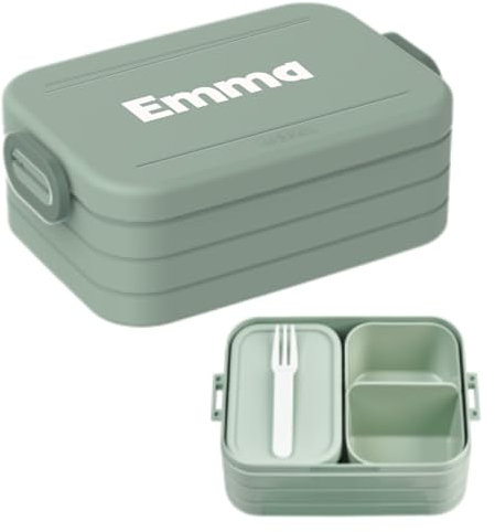 Mepal Brotdose mit Namen To Go - Personalisierte Bento Lunchbox - Geeignet für bis zu 4 Butterbrote - Bento-Fach & Gabel - BPA-frei & Spülmaschinenfest - 900 ml - Midi - Nordic sage