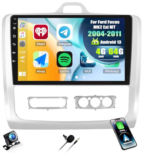 4+64G SIXWIN Android 13 Radio Coche para Ford Focus Mk2 Mk3 Exi MT 2 3 2004-2011 con CarPlay&Android Auto,9 Pulgadas Pantalla Táctil con Bluetooth/WiFi/GPS/FM/RDS/USB 32EQ con Cámara Trasera