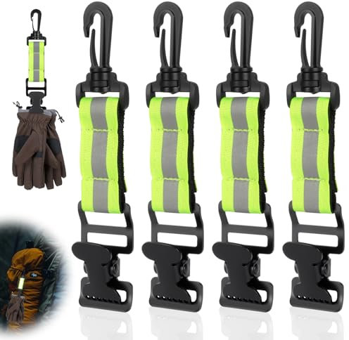 OFFCUP Porte Gants, 4pcs Clip De Gants de Travail, Glove Clips de Pompier Avec Mousqueton et Barre Réfléchie Pour Accrocher Des Gants Des Serviettes Des Casques (Vert)