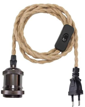 Vintage Hängeleuchte mit Hanfseil-Kabel, E27 Fassung, 2m Kabel, Schalter, Tragbare Multifunktionslampe im Retro-Stil, Keine Glühbirne (Farbe: A)