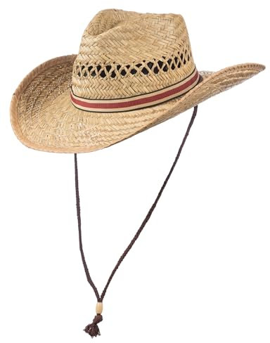 SCIPPIS Joe Westernstrohhut Herren & Damen – mit Kinnriemen – luftiger Sommerhut mit breiter Krempe für Gartenarbeit, Outdoor & Festival (DE/NL/SE/PL, Alphanumerisch, M, Natur)