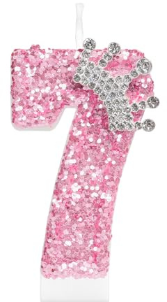 mciskin Krone Geburtstagskerzen für Mädchen, rosa 7. Geburtstag Dekoration für Mädchen, glitzernde Zahl 7 für Kuchen,rosa Pailletten Kerzen mit Krone für Prinzessinnen Party Dekora,Jubiläumszubehör