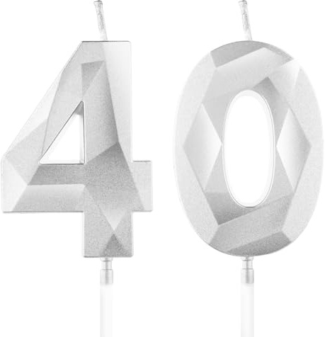 Yiran Silver 40th Birthday Candles, Number 40 Happy Birthday Candles, Silver Cake Topper Decorations for Birthday Party, Wedding Anniversary Celebration Supply for Men Women(Age 40)