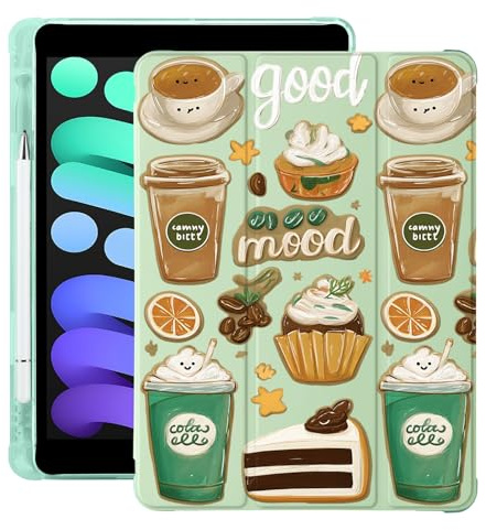 BlHMCASE Cute Kawaii Coffee Cake per iPad mini 7 A17 Pro 2024/iPad Mini 6 Custodia con portapenne, Auto Sleep/Wake, Cover posteriore in morbida pelle TPU verde