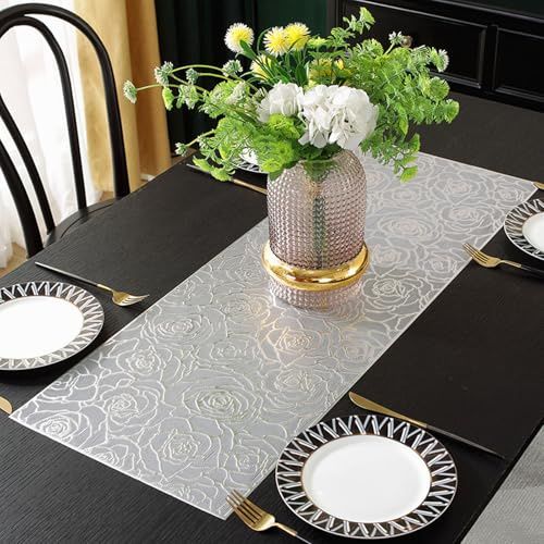 Hohl Rose Tischläufer, Bronzierender PVC-Tischläufer, rutschfeste Rose Blumenmuster Dekorative Tischmatten, Heißgeprägtes Wärmeisolierendes Tischset, für Home Party Küche Hochzeit (Silber)