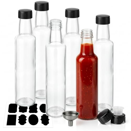 WERTIOO 250ml/8.5oz Glass Hot Sauce Bottle, 6 pcs Round Condiment Bottles with Leak Proof Screw Caps&Funnel,Small Glass Bottles for Hot Sauces,Oil,Liquor,Home Brewing Wine,Salad Dressings
